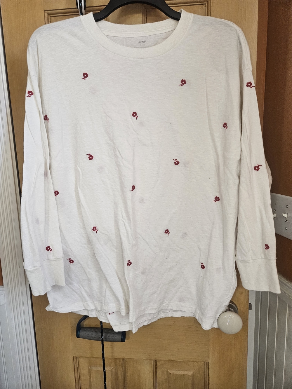 Aerie Cream Long Sleeve Tee with Red Embroidered Flowers